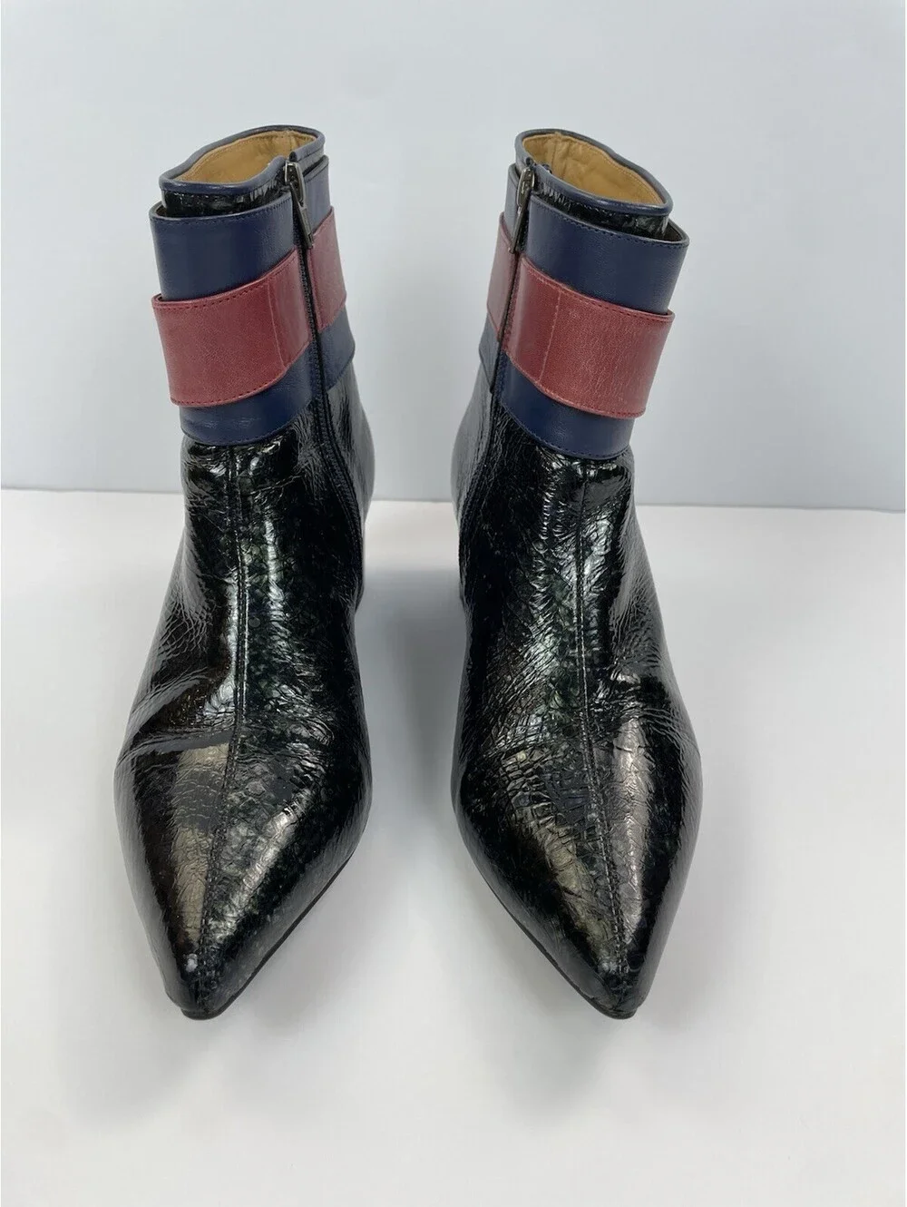 John Fluevog Effortless Miranda Boots Patent Leather Red Buckle Ankle 9.5